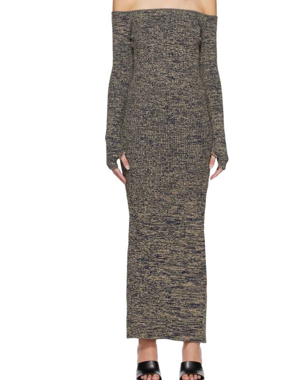 Off-Shoulder Maxi Knit Dress in Navy and Tan